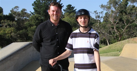 Cr Conroy and Caiden at Langwarrin Skate Park.jpg