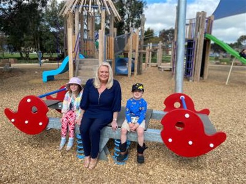 Deputy Mayor Suzette Tayler with Isobel and Angus at the new play space at Lady Emily Reserve, Skye