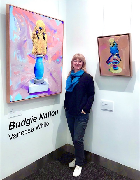 Vanessa White with her art Budgie Nation